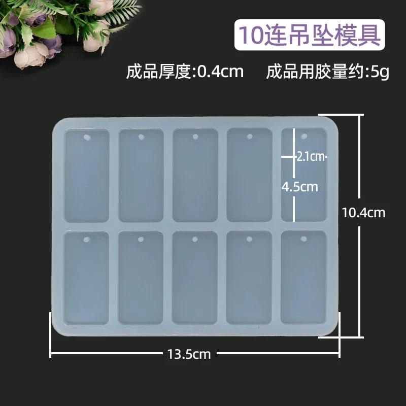Moule silicone 10 pendentifs rectangulaires pour résine | Moule étiquettes et porte-clés avec trou intégré
