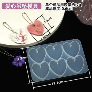Moule silicone 6 pendentifs cœur pour résine époxy | Moule breloques et porte-clés cœur avec trou intégré